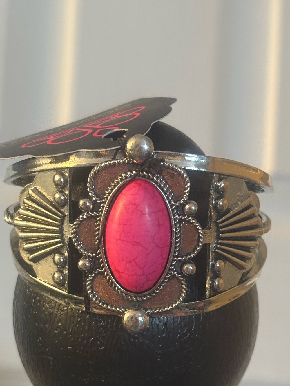 Bohemian Silver-Tone Cuff Bracelet with Pink Stone